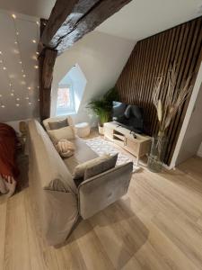 a living room with a couch and a television at Appartement cocooning in Solre-le-Château