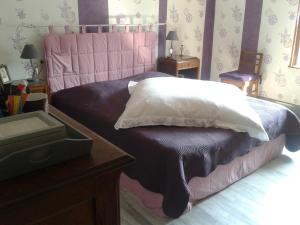 a bedroom with a bed with a pink head board at La Calougeotte Jeanne in Saint-Jean-du-Marché