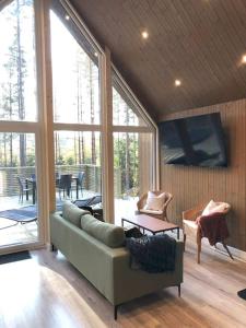 un soggiorno con divano e una grande finestra di Furukrona - Private Glass Dome, Sauna and Hot Tub! a Lekvattnet
