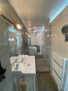 La salle de bains est pourvue d'un lavabo blanc et d'une douche. dans l'établissement Rare ! LOFT Atypique Centre-Ville Parking Jardin, à Reims