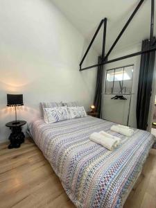 1 dormitorio con 1 cama con 2 almohadas en Rare ! LOFT Atypique Centre-Ville Parking Jardin en Reims