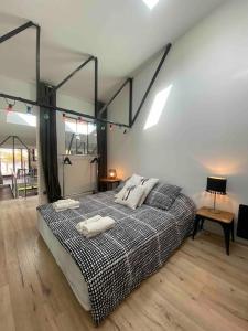 1 dormitorio con 1 cama con 2 almohadas en Rare ! LOFT Atypique Centre-Ville Parking Jardin, en Reims
