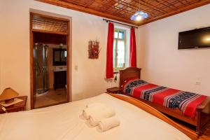 a bedroom with two beds and a television and a bathroom at Timfea Chalet in Tsepelovo