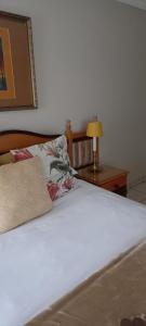 a white bed with a pillow and a lamp on a table at Jakkalsdraai Guest House in Potchefstroom