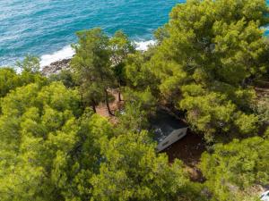 ein Auto steht in den Bäumen neben dem Meer in der Unterkunft Easyatent FKK Safari tent Koversada Naturist - clothes free in Vrsar