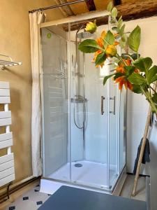 a shower with a glass door in a room at Crocoloft Nimes Centre in Nîmes