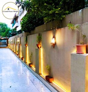 a row of potted plants on a wall with lights at Grand Peace House II in Islamabad