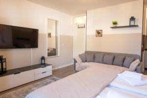 uma sala de estar com um sofá e uma televisão de ecrã plano em Traumhaft schöne Welt - Stilvolles Apartment mit Küche und Bad em Bielefeld