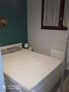 Ce lit se trouve dans une petite chambre avec une échelle. dans l'établissement Chez Loïc et Mélanie, à Besse-et-Saint-Anastaise