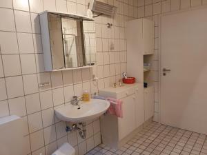 uma casa de banho com um lavatório e um espelho em Urlaubsruhe em Freudenberg