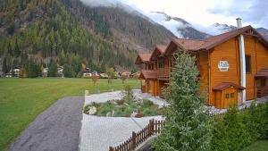 a wooden house in a field with a mountain at Tauern Appartements in Mallnitz