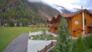 una casa de madera en un campo con una montaña en Tauern Appartements, en Mallnitz