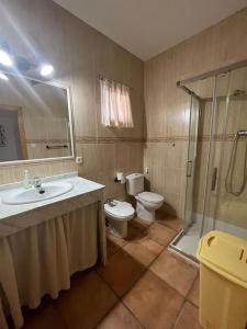 y baño con aseo, lavabo y ducha. en Casa Rural Il Consigliere en Córdoba