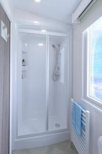 a bathroom with a shower with a glass door at The Malt Van - Beautiful, luxury static caravan in Aberlour