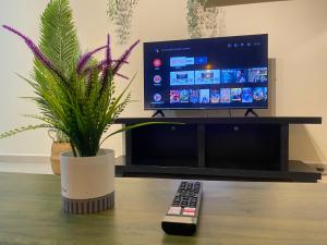 a remote control sitting on a table next to a tv at Desaru Private Beach VIP Family Suite NetFlix in Bandar Penawar