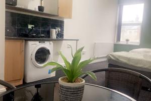 a room with a washing machine and a table with a plant at One2One - Duplex Relocations in Wakefield