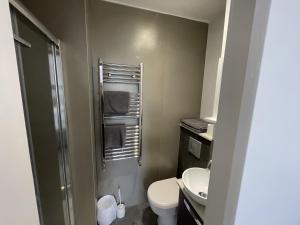 La petite salle de bains est pourvue de toilettes et d'un lavabo. dans l'établissement Poplar Cottage Farnborough Kent, à Orpington