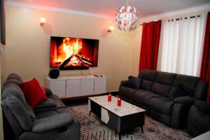 ein Wohnzimmer mit zwei Sofas und einem Kamin in der Unterkunft Thehaven254 in Nakuru