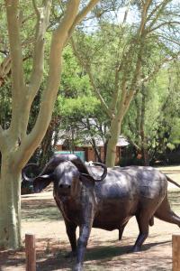 a statue of a bull standing next to a tree at Khaya Africa Guesthouse in Midrand