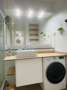 y baño con lavadora y lavamanos. en Studio Fresh&Cosy Trois-Ilets - 3 étoiles-Hotel Carayou, en Les Trois-Îlets