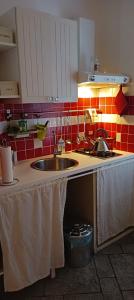 a kitchen with two sinks and red tiles at Casa Xenia in Trieste