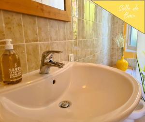 zlew w łazience z butelką mydła w obiekcie VILLA ANNEE 30 Rénovée ,Terrasse et Jardin w mieście Souillac