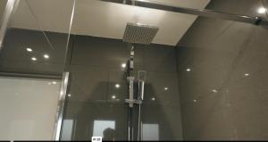 um chuveiro numa casa de banho com uma porta de vidro em Lovely 1-Bed Lodge in Haverfordwest with views em Haverfordwest