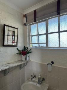 ein Badezimmer mit einem Waschbecken und zwei Fenstern in der Unterkunft Bekkersvlei - Die Huis in Haenertsburg