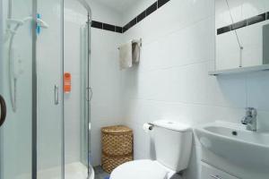 a bathroom with a shower and a toilet and a sink at Cosy & Comfy in Kinvara