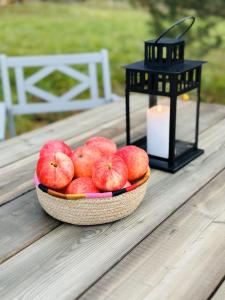 a bowl of apples on a table with a candle at Briedžio sapnas in Sudervė