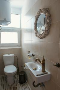 a bathroom with a toilet and a sink and a mirror at Idyllia 2 in Písia