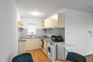 a kitchen with white cabinets and a washer and dryer at Apartmány Borská Plzeň in Pilsen +17 photos