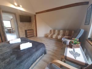 a room with two beds and a couch and a table at Apartamenty Rodzinne in Witów
