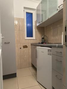 a kitchen with a white refrigerator and a window at Diva Apartments in Satu Mare