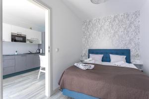 a bedroom with a bed with a blue headboard and a mirror at Apart Invest Szklarska 800 B6 in Szklarska Poręba