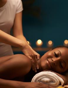 a woman getting a massage from a woman sitting in a towel at Villa de Duinen - Adults Only in Noordwijk aan Zee