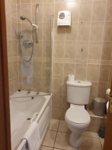 a bathroom with a shower and a toilet and a tub at Cosy beachfront apartment in Salthill Galway city in Galway