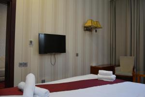 Habitación de hotel con 2 camas y TV de pantalla plana. en EmeraldGold, en Baku