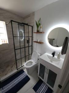 a bathroom with a toilet and a sink and a mirror at Charming Home Away From Home in Fort Lauderdale