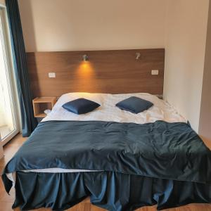 1 dormitorio con 1 cama grande y 2 almohadas azules en Center Walk Studios en Bucarest