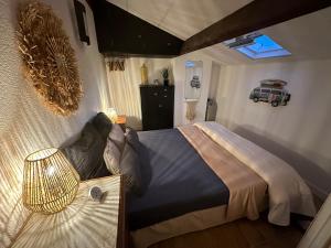 een slaapkamer met een bed in een kleine kamer bij Résidence Le SUNSET Marseillan-plage, entre mer et lagune de Thau, étape vélo, famille, couple, VRP, toutou admis, jardin, parking privé gratuit, vélos, Clim, WIFI fibre gratuite, commodités, plage et piste cyclable à proximité, 6 couchages nous contacter in Marseillan