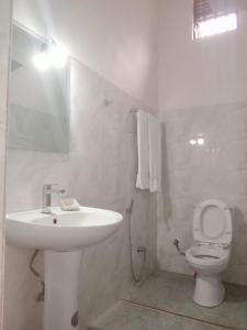 een witte badkamer met een wastafel en een toilet bij Kandyan Guest house in Kandy