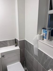 een badkamer met een wit toilet en een raam bij Genesis place in Basildon