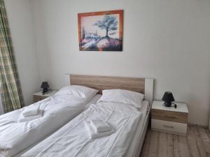 - une chambre avec 2 lits et une photo sur le mur dans l'établissement Hotel Pension Anke, à Bodenmais