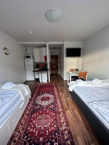 羅瓦涅米的住宿－Arctic Cozy Studio in the City，一间设有两张床的客房,地板上铺有地毯。