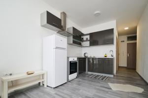 a kitchen with black and white appliances in a room at Central Apartments in Martin