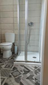 uma casa de banho com um WC e uma cabina de duche em vidro. em Cozy Studio in Central Lisbon em Lisboa