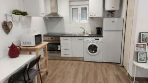 uma cozinha com um frigorífico e uma máquina de lavar roupa em Cozy Studio in Central Lisbon em Lisboa