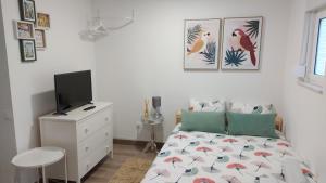 um quarto com uma cama e uma televisão numa cómoda em Cozy Studio in Central Lisbon em Lisboa