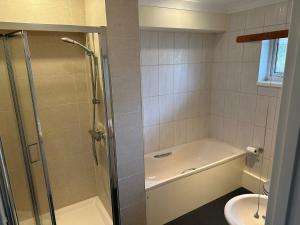 a bathroom with a shower and a toilet and a sink at Devon Lodge in Worlingham